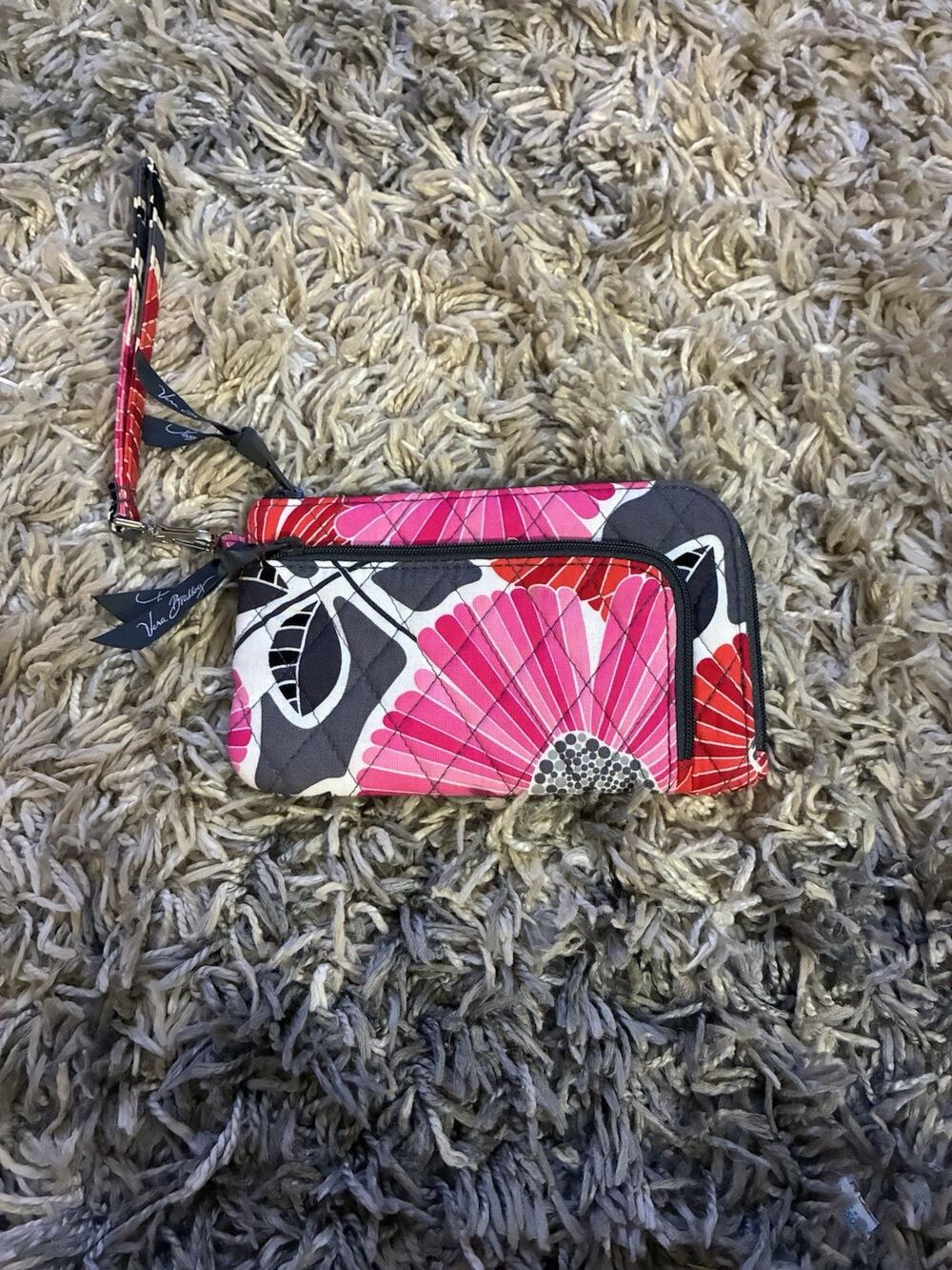 Vera Bradley Zip Zip Wristlet in Cherry Blossom Pink Red Grey Small Card Holder